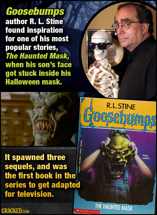 Goosebumps author R. L. Stine found inspiration for one of his most popular stories, The Haunted Mask, when his son's face got stuck inside his Hallow