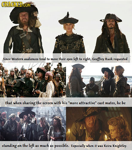 Since Western audiences tend to move their eyes left to right, Geoffrey Rush requested that when sharing the screen with his 'more attractive cast mat