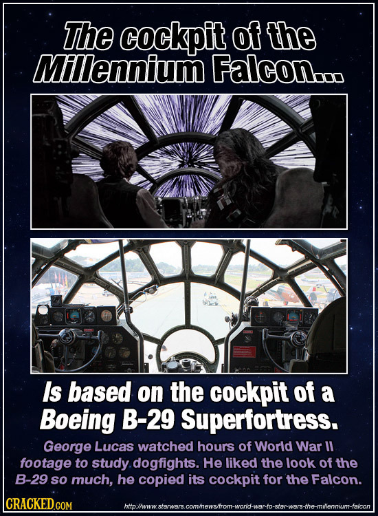 The cockpit of the Millennium Falcon.. Is based on the cockpit of a Boeing B-29 Superfortress. George Lucas watched hours of World War ll footage to s