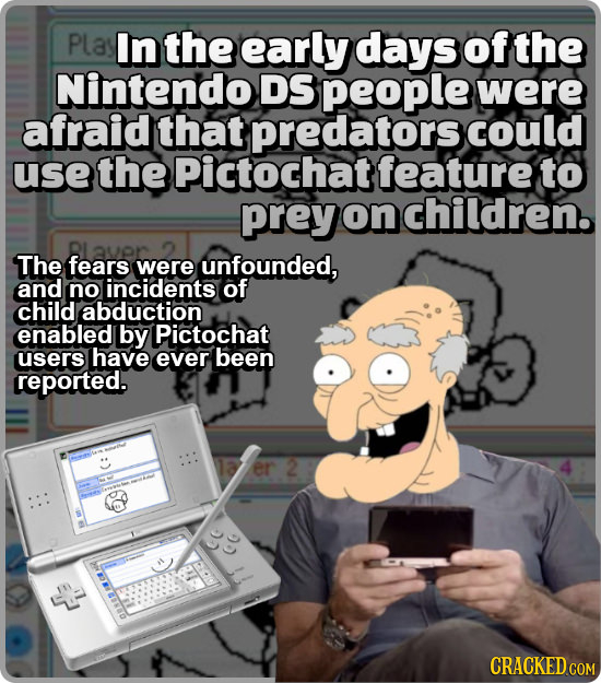 Plasl In the early days of the Nintendo DS people were afraid that predators could use the Pictochat feature to prey on children. The fears were unfou