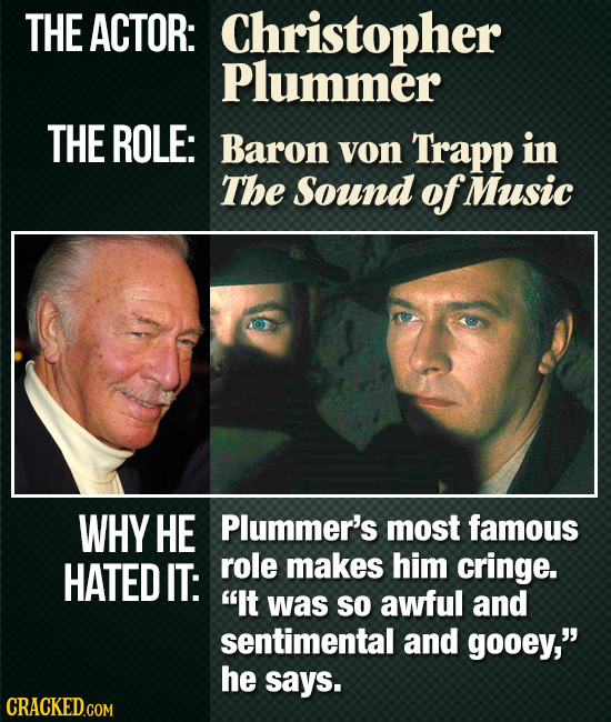 THE ACTOR: Christopher Plummer THE ROLE: Baron von Trapp in The Sound of Music WHY HE Plummer's most famous HATED IT: role makes him cringe. It was s