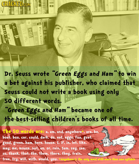 GRACKEDCON 0I It* 1 SAA Dr. Seuss wrote Green Eggs and Ham to win a bet against his publisher, who claimed that Seuss could not write a book using o