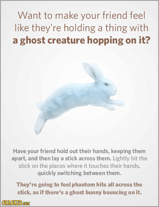 Want to make your friend feel like they're holding a thing with a ghost creature hopping on it? Have your friend hold out their hands, keeping them ap