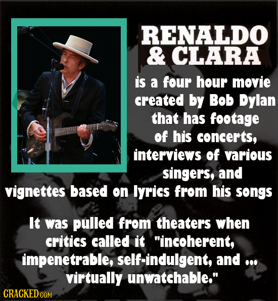 RENALDO & CLARA is a four hour movie created by Bob Dylan that has footage of his concerts, interviews of various singers, and vignettes based on Iyri