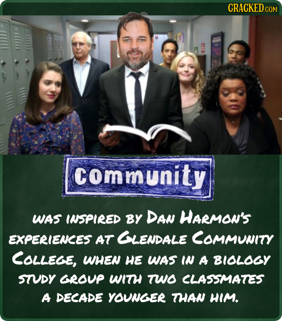 CRACKED.COM ommunity WAS INSPIRED BY DAN HARMON'S EXPERIENCES AT GLENDALE COMMUNITY COLLEGE, WHEN He WAS IN A BIOLOGY STUDY GROUP WITH TWO CLASSMATES