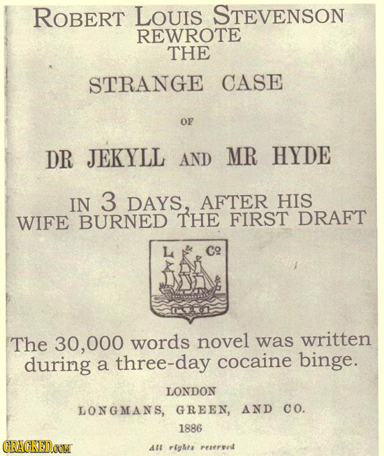 ROBERT LOUIS STEVENSON REWROTE THE STRANGE CASE OF DR JEKYLL AND MR HYDE IN 3 DAYS, AFTER HIS WIFE BURNED THE FIRST DRAFT Co The 30,000 words novel wa