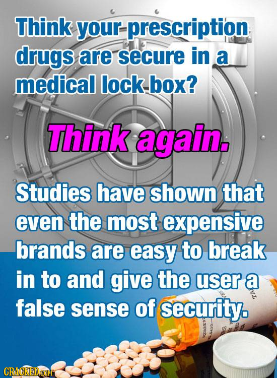 Think your prescription: drugs are secure in a medical lock box? Think again. Studies have shown that even the most expensive brands are easy to break