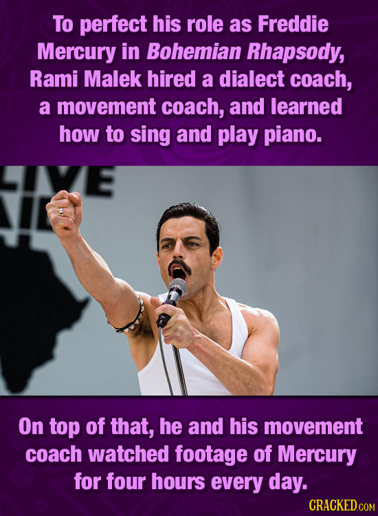 To perfect his role as Freddie Mercury in Bohemian Rhapsody, Rami Malek hired a dialect coach, a movement coach, and learned how to sing and play pian
