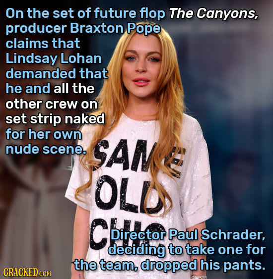On the set of future flop The Canyons, producer Braxton Pope claims that Lindsay Lohan demanded that he and all the other crew on set strip naked for 