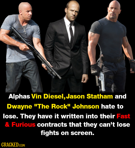 Alphas Vin Diesel, Jason Statham and Dwayne The Rockil Johnson hate to lose. They have it written into their Fast & Furious contracts that they can't