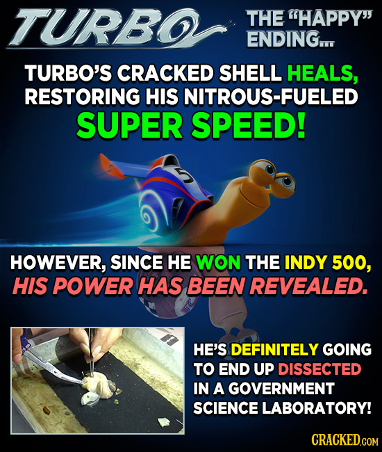 TURBO THE HAPPY ENDING TURBO'S CRACKED SHELL HEALS, RESTORING HIS NITROUS-FUELED SUPER SPEED! HOWEVER, SINCE HE WON THE INDY 500, HIS POWER HAS BEEN