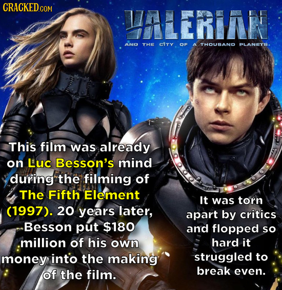 CRACKED CON HALERIAN AND THE cITY OF A THOUSAND PLANETS. This film was already on Luc Besson's mind during the filming of The Fifth Element It was tor