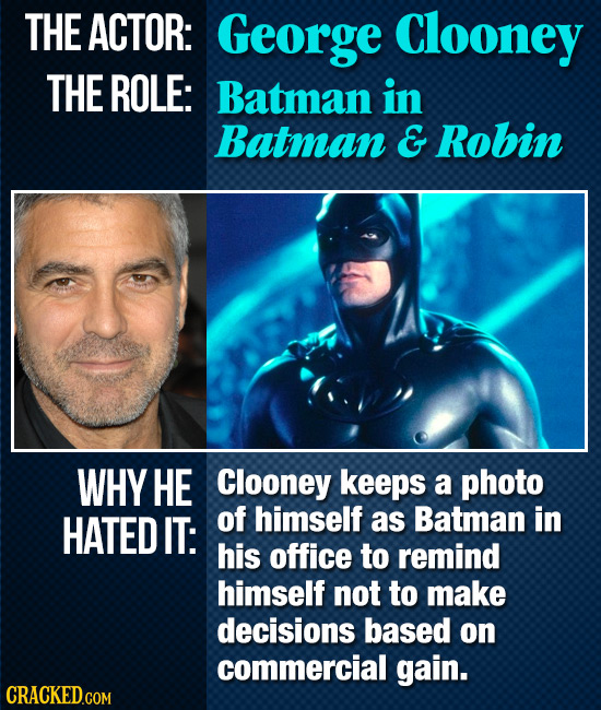 THE ACTOR: George Clooney THE ROLE: Batman in Batman & Robin WHY HE Clooney keeps a photo HATED IT: of himself as Batman in his office to remind himse