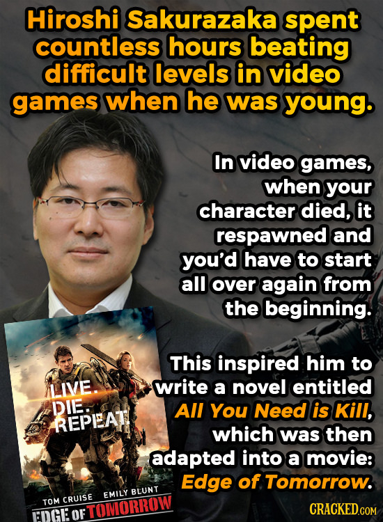 Hiroshi Sakurazaka spent countless hours beating difficult levels IN video games when he was young. In video games, when your character died, it respa