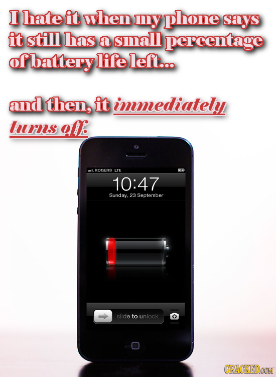 I hate it when mY phone sayS it still has a small percentage of battery lifeleft... and then, it immediately tourns Of. sal ROCERS LTE 10:47 Sunday. 2