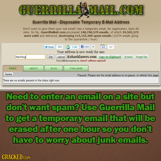 GUERRILLA MAIL.COM Guerrilla Mail - -Disposable Temporary E-Mail Address Don't want to give them your real email? Use a temporary email. No registrati