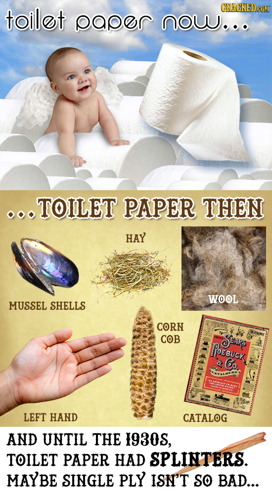 toilet oaoer NOU... TOILET PAPER THEN HAY WOOL MUSSEL SHELLS CORN COB Senne LPOEBUCK Co. LEFT HAND CATALOG AND UNTIL THE 1930s, TOILET PAPER HAD SPLIN