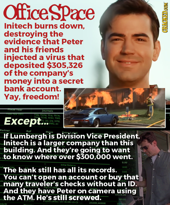 Officespace Initech burns down, destroying the CRACKED.CON evidence that Peter and his friends injected a virus that deposited $305,326 of the company