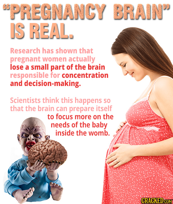 PREGNANCY BRAIN IS REAL. Research has shown that pregnant women actually lose a small part of the brain responsible for concentration and decision-ma