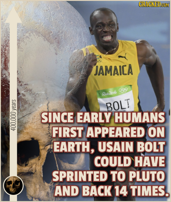 JAMAICA 0 Rio2o16 BOLT vears SINCE EARLY HUMANS FIRST APPEARED ON 400,000 EARTH, USAIN BOLT COULD HAVE SPRINTED TO PLUTO AND BACK 14 TIMES.