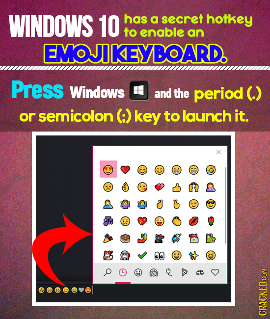 WINDOWS 10 has a secret hotkey to enable an MOJIKEYBOARD. Press Windows and the period (.) or semicolon (:) key to launch it. ES 1 O0 L 0 CRACKED COM