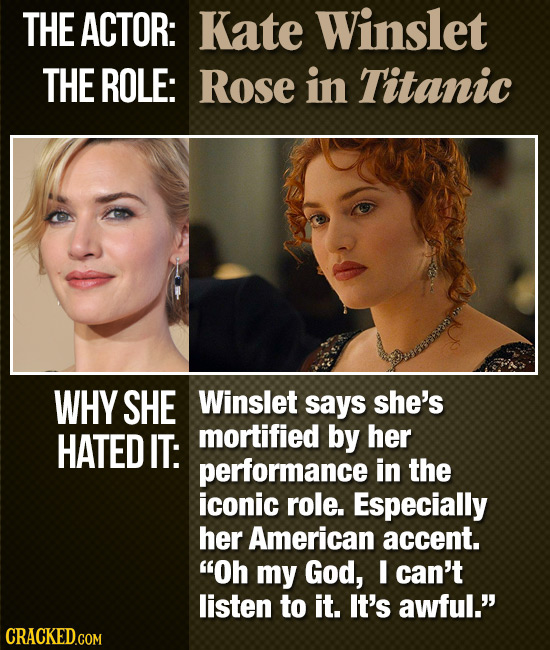 THE ACTOR: Kate Winslet THE ROLE: Rose in Titanic WHY SHE Winslet says she's HATED IT: mortified by her performance in the iconic role. Especially her