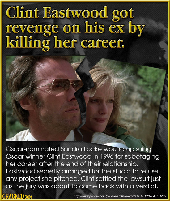 Clint Eastwood got revenge on his ex by killing her career. Oscar-nominated Sandra Locke wound up suing Oscar winner Clint Eastwood in 1996 for sabota