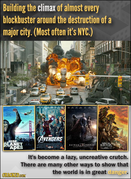 Building the climax of almost every blockbuster around the destruction of a major city. (Most often it's NYC.) AVENGERS E RISE.. DLANET NINN DA TURTLE
