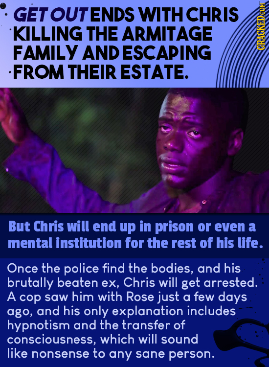GET OUT ENDS WITH CHRIS KILLING THE ARMITAGE FAMILY AND ESCAPING CRAO .FROM THEIR ESTATE. But Chris will end up in prison or even a mental institution