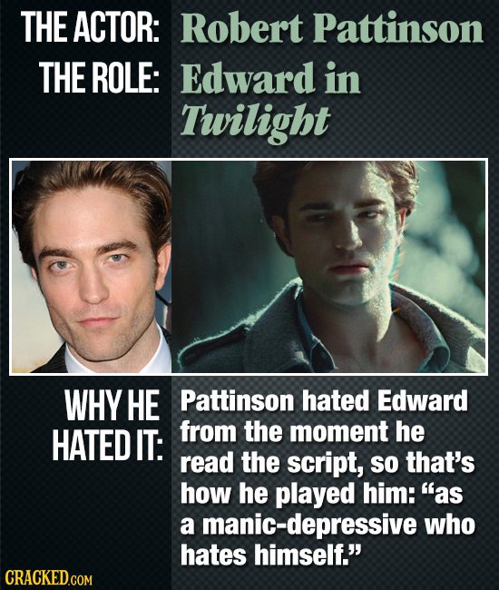 THE ACTOR: Robert Pattinson THE ROLE: Edward in Twilight WHY HE Pattinson hated Edward HATED IT: from the moment he read the script, So that's how he 