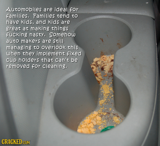 Automobiles are ideal for families. Families tend to have kids, and kids are great at making things fucking nasty. somehow auto makers are still manag