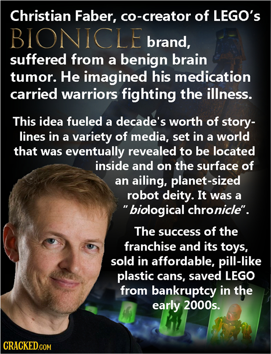 Christian Faber, co-creator of LEGO'S BIONICLE brand, suffered from a benign brain tumor. He imagined his medication carried warriors fighting the ill