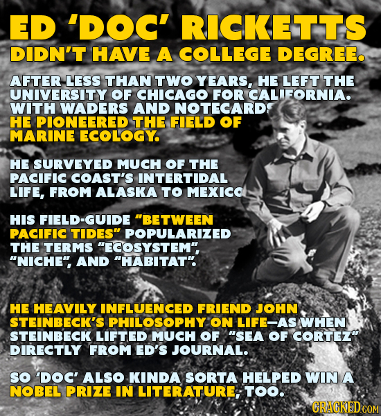 ED 'DOC' RICKETTS DIDN'T HAVE A COLLEGE DEGREE. AFTER LESS THAN TWO YEARS, HE LEFT THE UNIVERSITY OF CHICAGO FOR CALIFORNA. WITH WADERS AND NOTECARD H