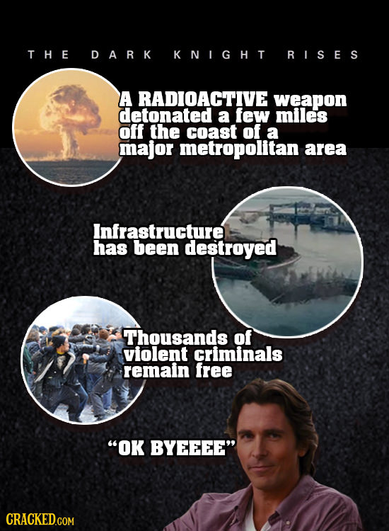 THE DARK KNIGHT RISES A RADIOACTIVE weapon detonated a few miles off the coast of a major metropolitan area Infrastructure has been destroyed Thousand