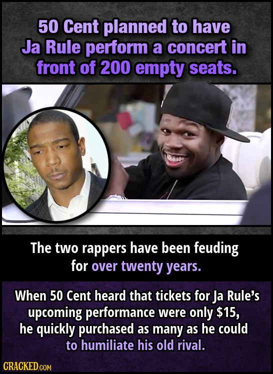 50 Cent planned to have Ja Rule perform a concert in front of 200 empty seats. as The two rappers have been feuding for over twenty years. When 50 Cen