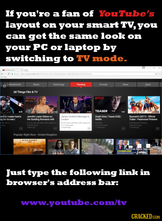 If you're a fan of YouTube's Layout on your smart TV, you can get the same look on your PC or laptop by switching to TV mode. Entertainment Musie Tech
