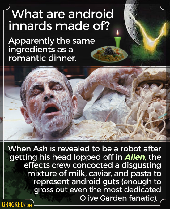 What are android innards made of? Apparently the same ingredients as a romantic dinner. When Ash is revealed to be a robot after getting his head lopp
