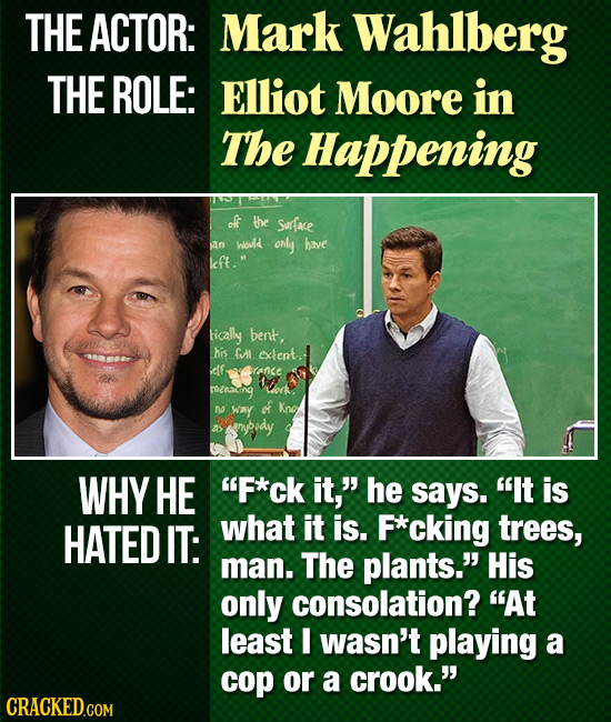 THE ACTOR: Mark Wahlberg THE ROLE: Elliot Moore in The Happening of the Sorace an woud only have left. tically bent, his GI extent. alf ronce meaceih