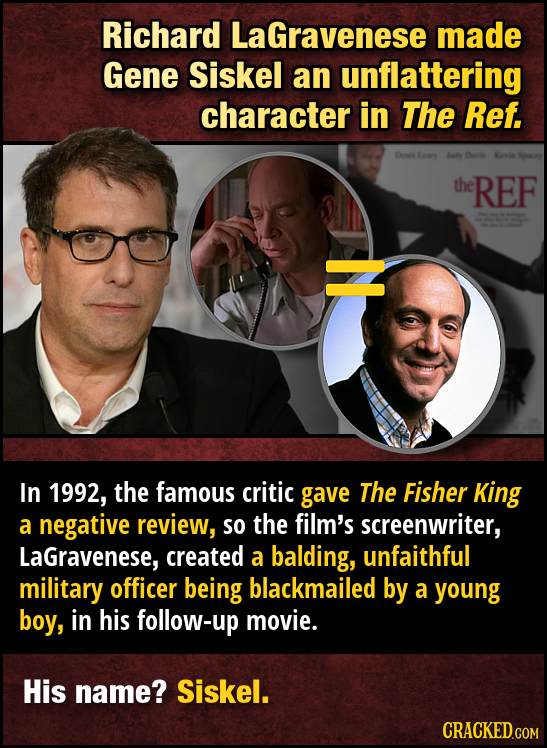 Richard LaGravenese made Gene Siskel an unflattering character in The Ref. the REF N In 1992, the famous critic gave The Fisher King a negative review