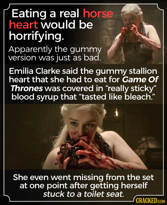 Eating a real horse heart would be horrifying. Apparently the gummy version was just as bad. Emilia Clarke said the gummy stallion heart that she had 