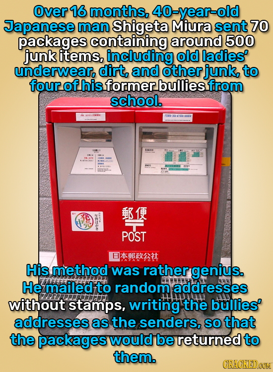 Over 16 months, 40-year-old Japanese man Shigeta Miura sent 70 packages containing around 500 junk items, including old ladies' underwear. dirt, and o