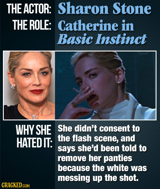 THE ACTOR: Sharon Stone THE ROLE: Catherine in Basic Instinct WHY SHE She didn't consent to HATED IT: the flash scene, and says she'd been told to rem