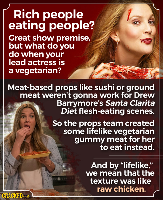 Rich people eating people? Great show premise, but what do you do when your lead actress is a vegetarian? at-based props like sushi or ground meat wer
