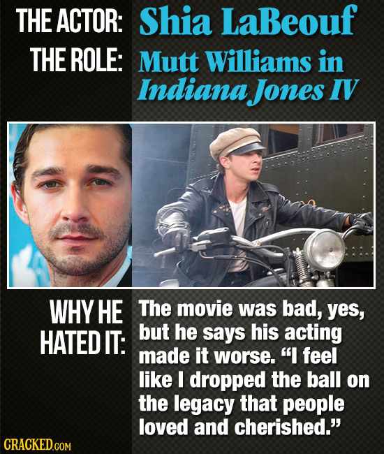 THE ACTOR: Shia LaBeouf THE ROLE: Mutt Williams in Indiana Jones IV WHY HE The movie was bad, yes, HATED IT: but he says his acting made it worse. I 