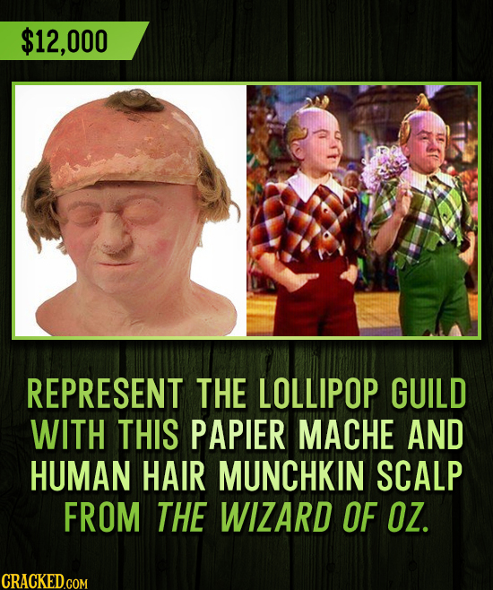 $12,000 REPRESENT THE LOLLIPOP GUILD WITH THIS PAPIER MACHE AND HUMAN HAIR MUNCHKIN SCALP FROM THE WIZARD OF OZ.
