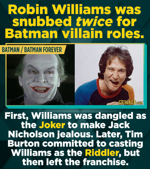 Robin Williams was snubbed twice for Batman villain roles. BATMAN/ BATMAN FOREVER First, Williams was dangled as the Joker to make Jack Nicholson jeal