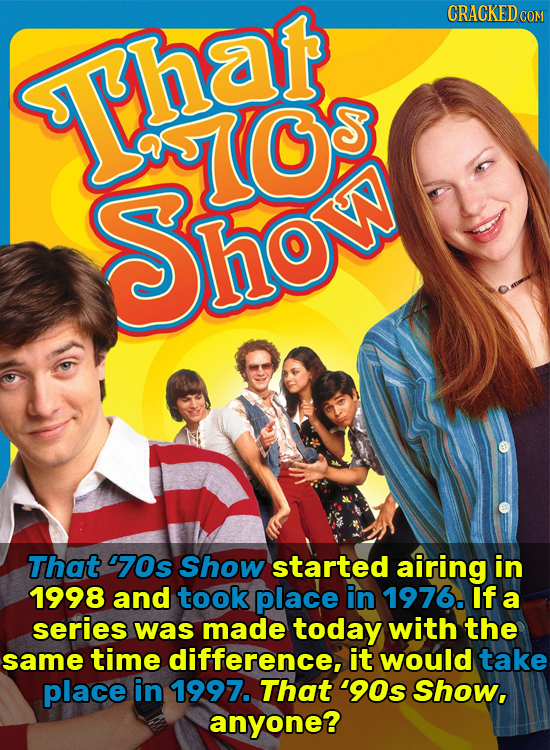 CRACKEDcO Thar VS O Sho That '70s Show started airing in 1998 and took place in 1976. If a series was made today with the same time difference, it wou