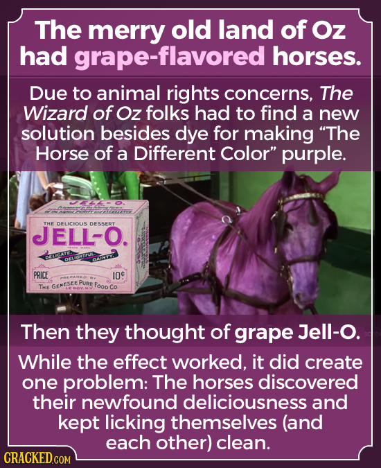The merry old land of Oz had -flavored horses. Due to animal rights concerns, The Wizard of Oz folks had to find a new solution besides dye for making