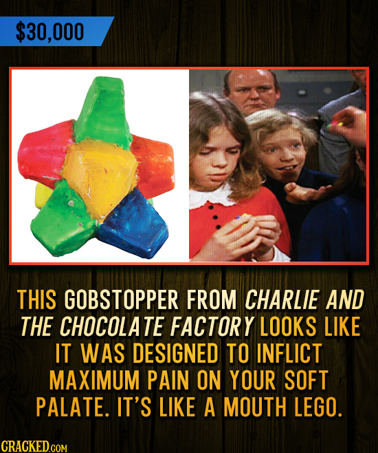 $30,000 THIS GOBSTOPPER FROM CHARLIE AND THE CHOCOLATE FACTORY LOOKS LIKE IT WAS DESIGNED TO INFLICT MAXIMUM PAIN ON YOUR SOFT PALATE. IT'S LIKE A MOU