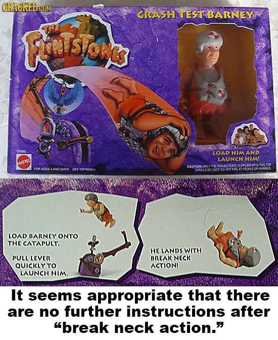CRASH EST BARNE FaTsiates LOAD HIM AND LAUNCH HIMI MATTEL O FOTACASLANOOVER ONA OLON LOAD BARNEY ONTO THE CATAPULT, HE LANDS WITH PULL LEVER BREAK NEC